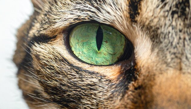 Close-up macro photography capturing the mesmerizing intensity of a tabby cat green eye with vertical pupil and detailed fur texture in natural light