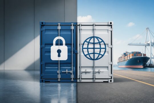 Locked shipping container at port with global trade security concept