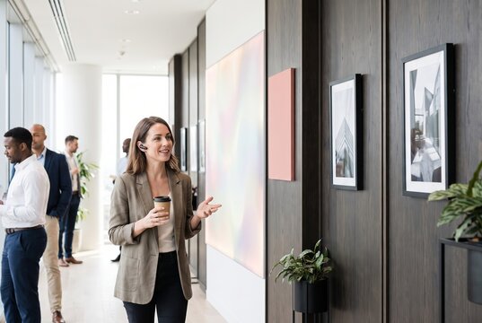 Professional dictating notes to an AI assistant while walking through a bright modern office