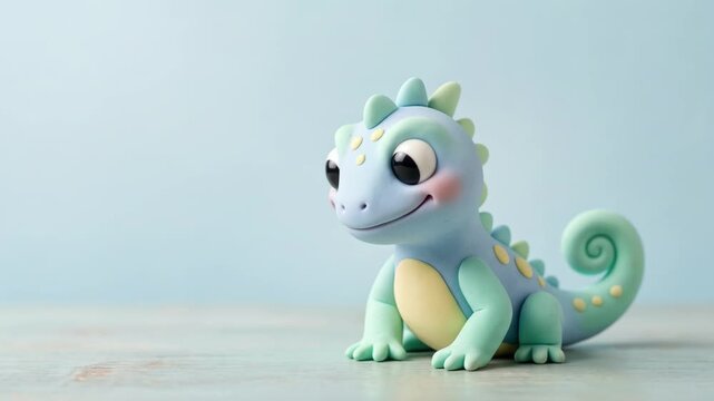 パステルカラーの可愛いトカゲの3Dクレイキャラクター｜シンプルなブルー背景のマスコット素材