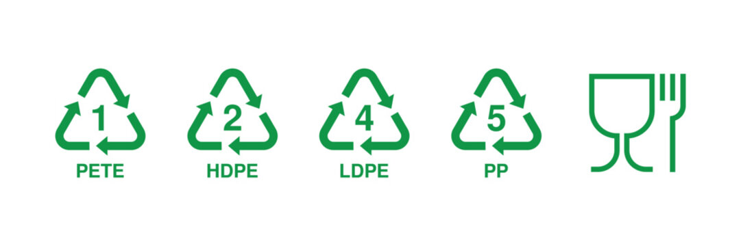 Plastic Recycling Codes PETE HDPE LDPE PP and Food Safe Symbol Set, Resin Identification Recycling Icons for Packaging and Food Contact Labels