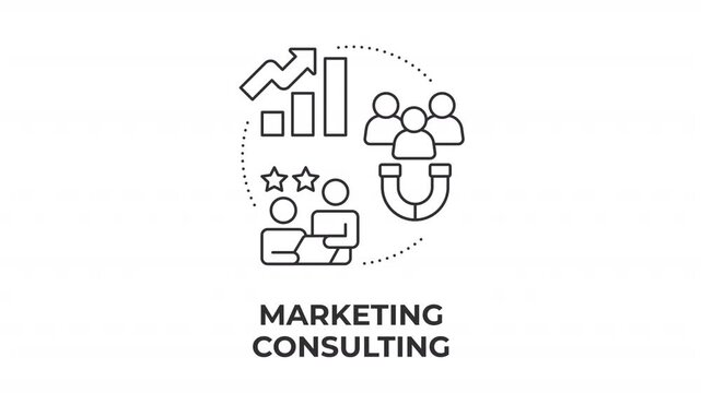 Marketing consulting line concept icon animation. Strategic brand growth solutions. Data driven audience acquisition. Animated outline round motion graphic. Minimal HD video with alpha channel