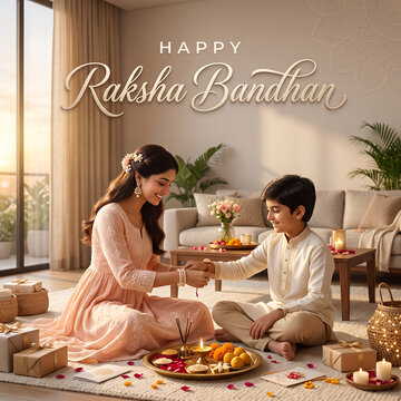 Young sister and brother celebrating traditional indian festival with gifts with girl boy celebrating gifts decorations celebration ethnicity