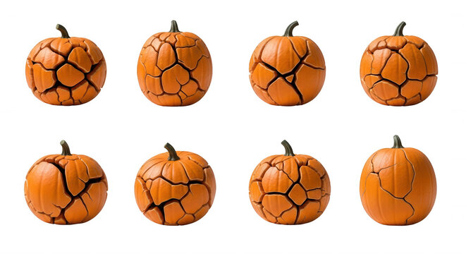 eight cracked pumpkins isolated on a white backdrop halloween decorations and festive season themes