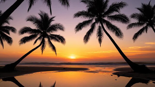 Silhouette palm trees reflecting in tidal pool during orange violet dusk sky wide shot