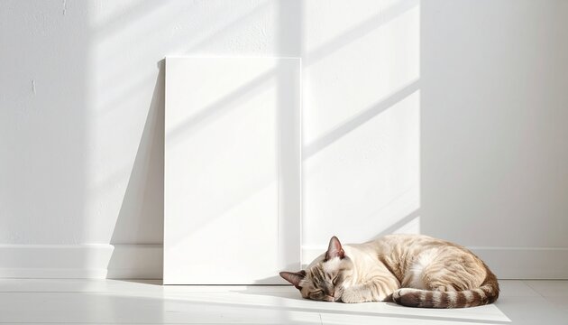 A serene sleeping cat curled beside a blank vertical canvas frame in a sunlit minimalist room with soft dramatic shadows for interior design displays