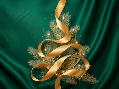 Elegant Christmas tree concept made of golden ribbon and fir branches with fairy lights on a dark green silk background, luxury festive holiday design