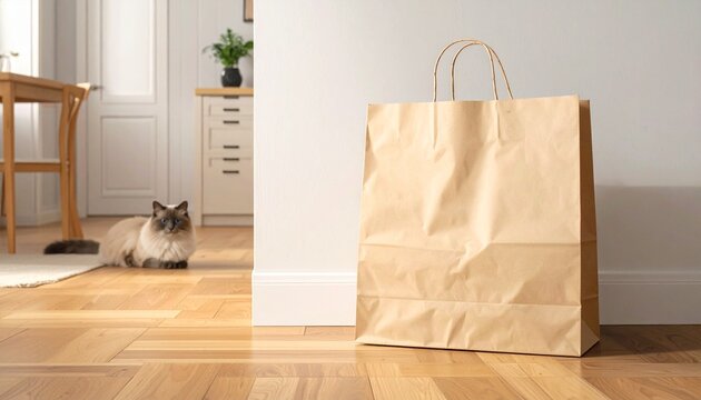 Empty brown paper shopping bag placed on the wooden floor of a modern cozy home with a cute fluffy cat sitting in the background