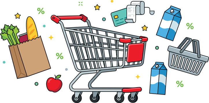 Grocery supermarket shopping vector illustration set with empty metal cart paper bag food basket credit card milk carton and receipt element