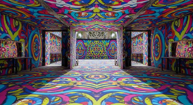 Colorful psychedelic mural art painting on walls with multicolored psychedelic patterns