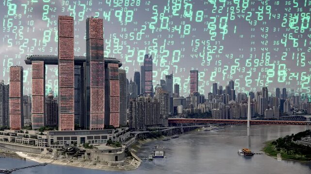 chongqing cyberpunk city with overlayed code and data on the buildings