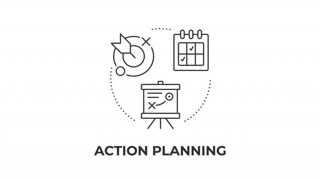 Action planning line concept icon animation. Strategic roadmap execution framework. Agile project management workflow. Animated outline round motion graphic. Minimal HD video with alpha channel