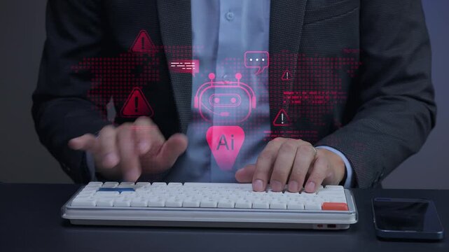 Stressed businessman wearing suit typing on keyboard experiences sudden red hologram ai system failure during late night office urgent warning