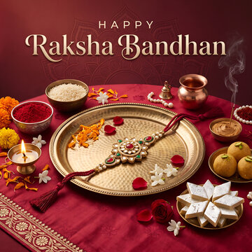 Traditional raksha bandhan celebration ritual setup with decorative platter sweets with ceremonial items rich red fabric backdrop showcases vibrant traditional