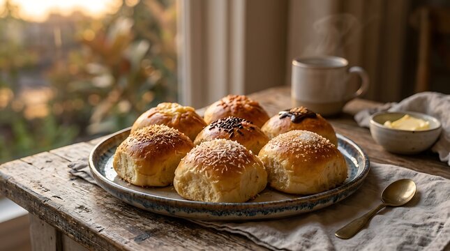 Assorted sweet breakfast rolls on a rustic table with steaming coffee