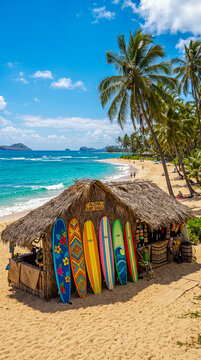 Coloridas tablas de surf frente a una caba&ntilde;a en una playa tropical, rodeadas de palmeras y mar turquesa, evocando verano, aventura y estilo de vida costero.