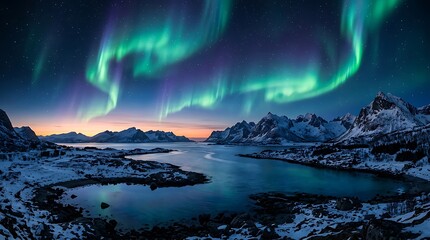 Fototapeta premium Vibrant northern lights over snow covered mountains and arctic sea