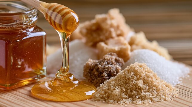 Honey being poured beside sugar varieties on a surface. Concept of natural sweetener comparison.