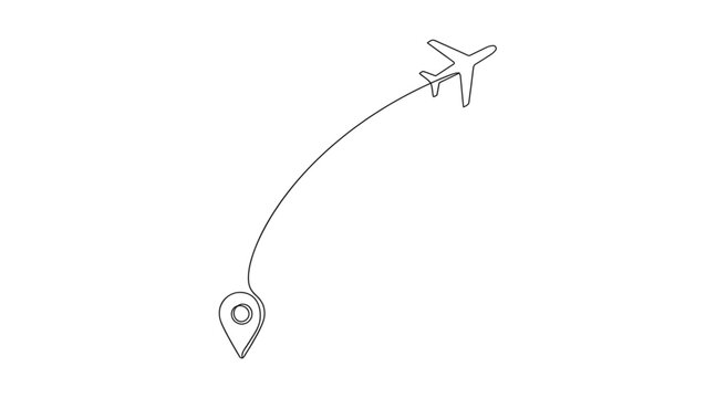 Continuous line art of an airplane flight path with destination location pin airplane location navigation