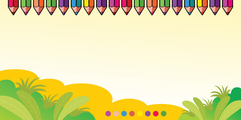 School background design with colored pencils border and green grass illustration for children educational flyers or primary student work sheet.