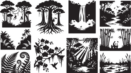 A collection of ten black and white jungle and rainforest silhouette featuring tropical trees, a waterfall, a panda in bamboo, exotic orchids, a hummingbird, ferns, and river landscapes © MdAbu