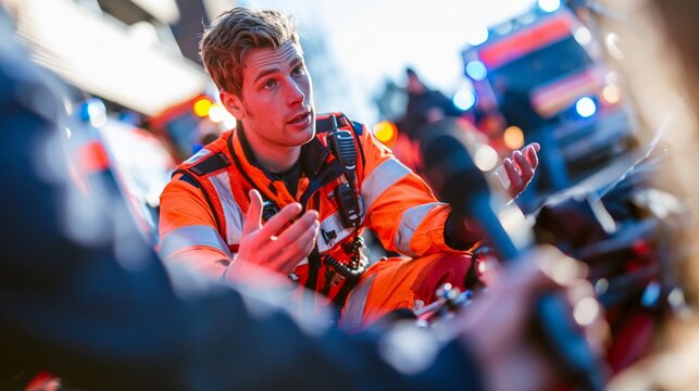 Paramedic explaining at an emergency scene while a journalist's microphone is blurred in the foreground. Concept of emergency services news coverage.
