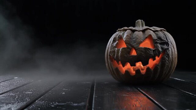 A mesmerizing and spooky cinematic loop featuring a classic carved Halloween Jack-o'-Lantern on a wet, glossy black wooden plank table. The pumpkin features intensely glowing fiery orange eyes.