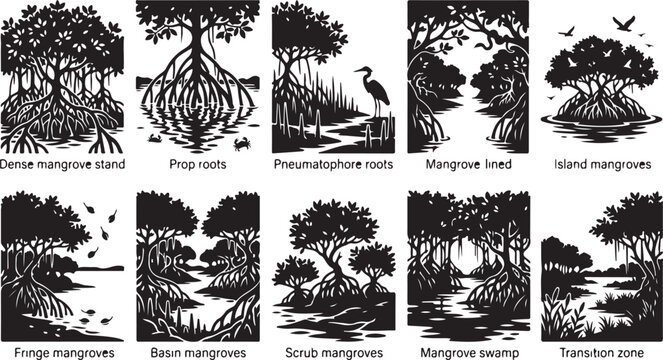 A collection of ten black and white silhouette depicting various mangrove forest ecosystems, including prop roots, pneumatophores, island stands, swamp landscapes, and coastal fringe zones