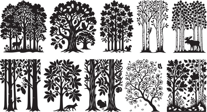 A collection of ten black and white tree silhouettes featuring various forest scenes, including oak, birch, and fruit trees with woodland animals like deer, moose, fox, squirrel, and birds
