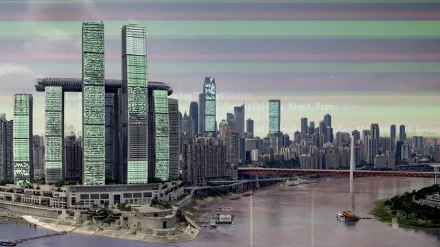 chongqing cyberpunk city with overlayed code and data on the buildings