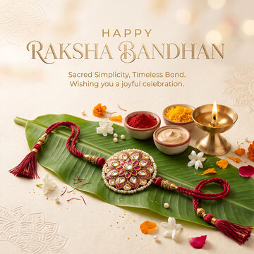 Traditional raksha bandhan celebration ritual with decorative elements with lit lamp leafy surface under warm celebration with celebration