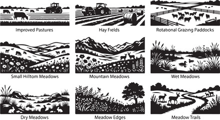 Set of nine black and white depicting various agricultural and natural landscapes, including pastures, hay fields, grazing paddocks, mountain meadows, wetlands, and wildlife trails © MdAbu