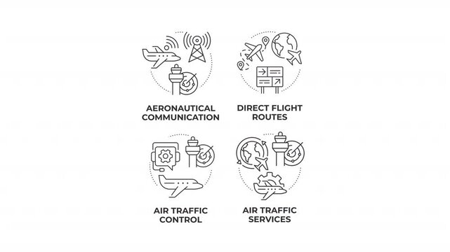 Global air traffic management line concept icons animation set. Aerospace network planning. Flight connectivity. Animated outline round motion graphics. Minimal HD video pack with alpha channel