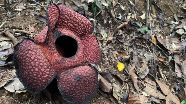 Close up video of rare red Rafflesia arnoldii flower petal texture in full bloom with negative space on the right side for text overlay.