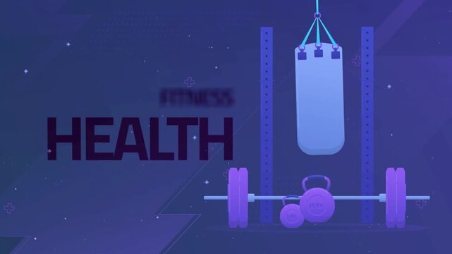 Flat design graphic animation featuring a punching bag and barbell with Fitness text on a dark blue background, minimalist style.