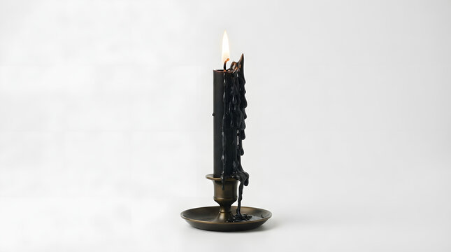 A single lit black wax candle in an ornate metal holder with mysterious