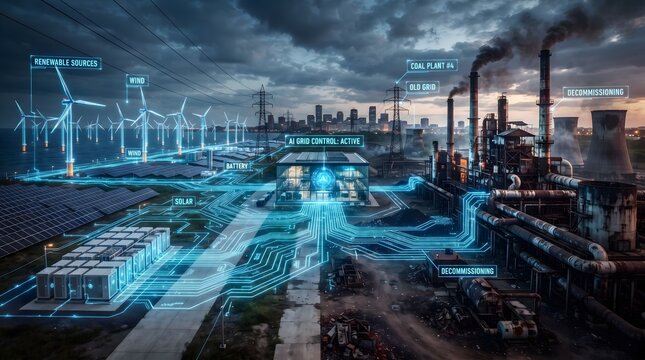 Futuristic AI Smart Grid Transitioning from Coal Power to Renewable Wind and Solar Energy