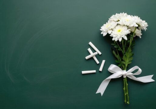 White flowers and chalk pieces on a green chalkboard