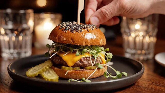 Gourmet cheeseburger with melted cheese and fresh sprouts served in a dark restaurant