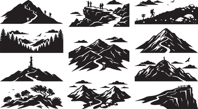 Set of twelve black and white mountain landscape silhouettes, featuring hiking trails, rocky peaks, pine forests, lookout points, winding paths, and people trekking in nature