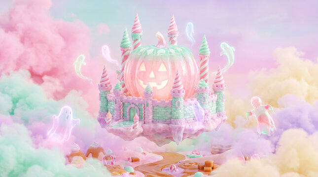 Magical Halloween pumpkin castle floating in a dreamy pastel fantasy landscape.