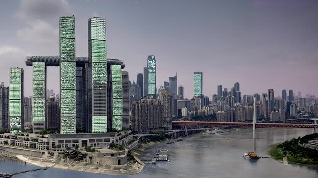 chongqing cyberpunk city with overlayed code and data on the buildings