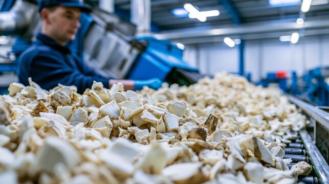 Factory worker monitoring sugar beet pulp being processed through a cutter at a production line. Concept of sugar beet processing.