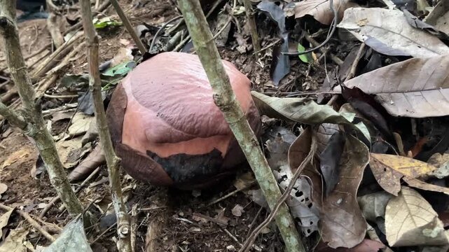 Close up view of unopened cabbage-like Rafflesia arnoldii flower bud surrounded by dry leaves and vines in tropical jungle ecosystem.