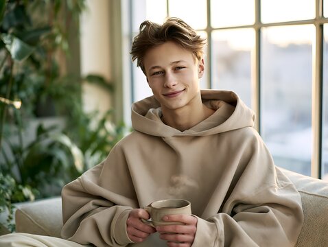 Happy Teenager Smiling and Holding Hot Beverage Mug Near Window
