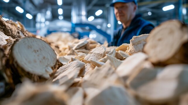 Factory worker monitoring sugar beet pulp being processed through a cutter at a production line. Concept of sugar beet processing.