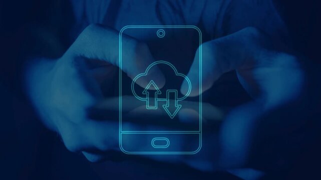 Hands typing on a smartphone with a glowing blue digital overlay of a cloud and transfer arrows. Concept of cloud computing, data synchronization, and storage. 