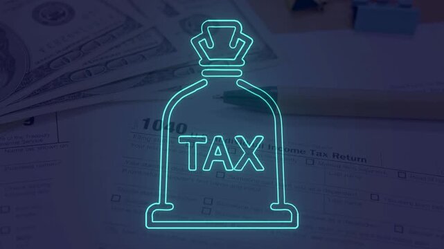 Neon money bag labeled "TAX" overlaid on a background of IRS 1040 tax return forms, cash, and a pen. Symbolizes income tax payment, IRS filing, and financial duty.
