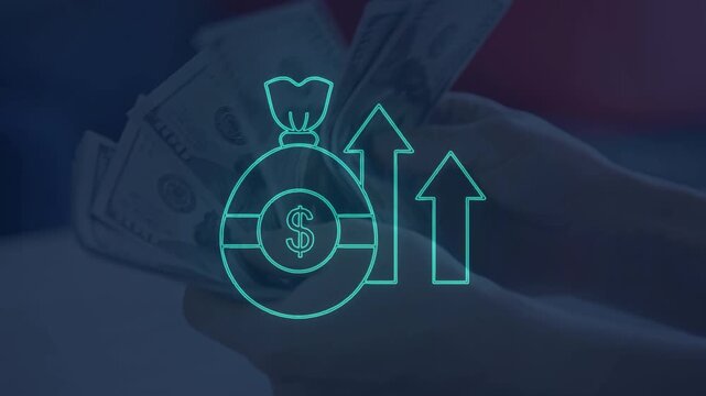 Neon animation of a money bag with a dollar sign and upward arrows, superimposed on hands counting dollar bills. Denotes financial growth and wealth building.