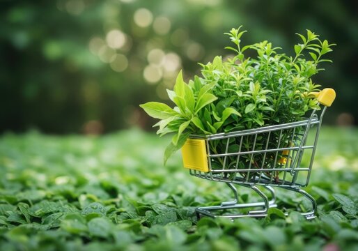 Miniature shopping cart filled with fresh green plants
